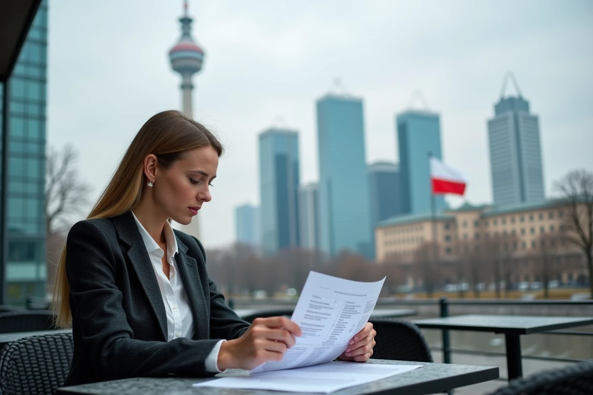 Une femme d'affaires polonaise à Varsovie devant le Warsaw Spire et le Palais de la Culture, représentant l'économie de la Pologne
