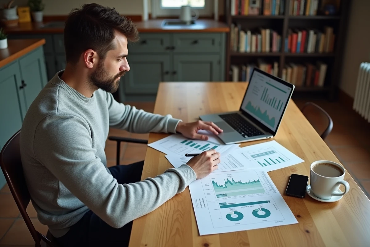 Homme consultant des statistiques de revenus médians en France sur son ordinateur portable à domicile pour préparer une négociation salariale