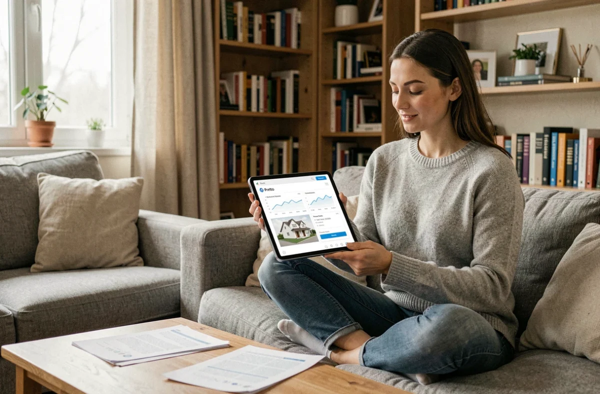 Une femme simule son prêt immobilier en ligne avec l'application Pretto depuis son domicile