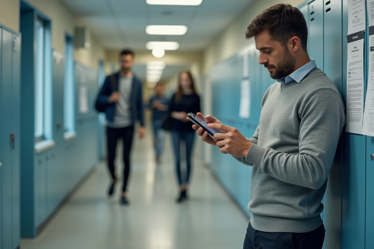 Professeur de lycée consultant une application bancaire sur smartphone pour vérifier les dates de paiement et primes de salaire 2026