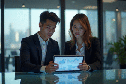 Jeune professionnel et femme collaborant sur une tablette blockchain