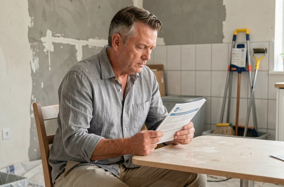 Propriétaire lisant une brochure d'assurance dommage ouvrage dans une maison en cours de rénovation