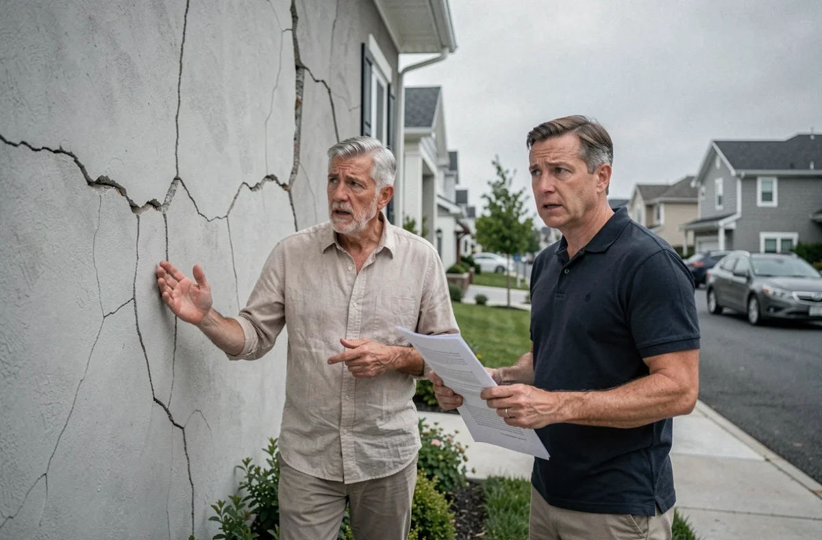 Propriétaires constatant des fissures structurelles sur une maison neuve et consultant des documents de garantie décennale