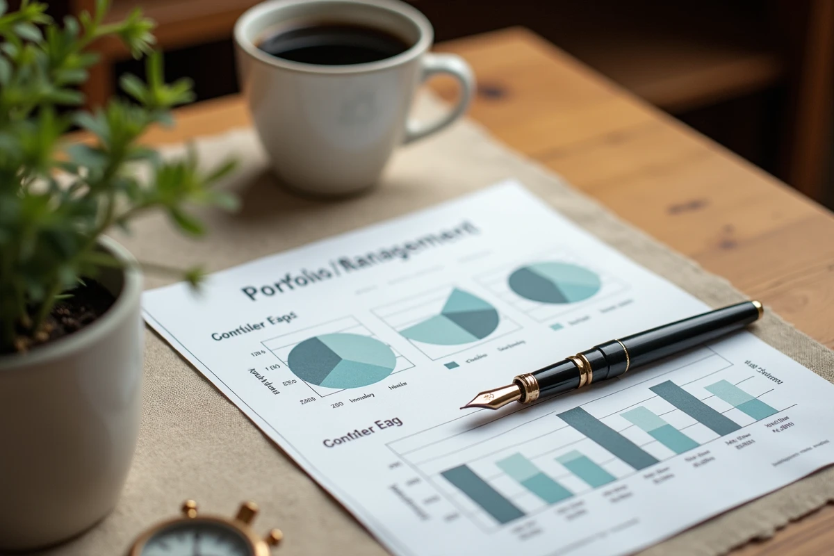 Vue aérienne d'un rapport de portefeuille financier défensif avec graphiques et stylo sur un bureau en bois
