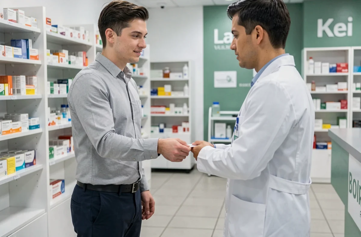 Jeune homme présentant sa carte de mutuelle santé à un pharmacien lors du remboursement de médicaments