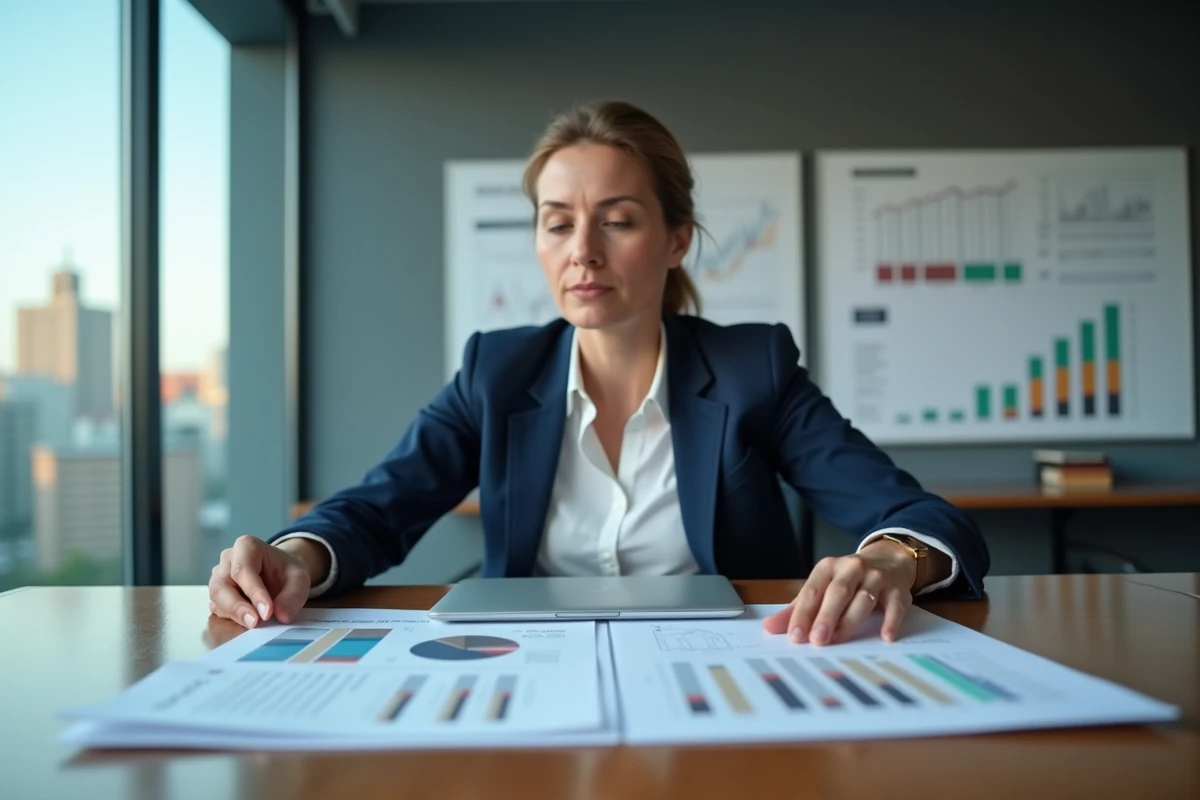Responsable crédit européenne analysant des tableaux de bord de performance financière dans une salle de réunion d'entreprise moderne