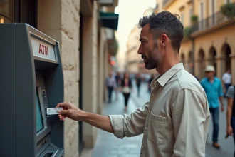 Homme insérant sa carte bancaire dans un distributeur automatique en Europe pour retirer des euros depuis des dirhams