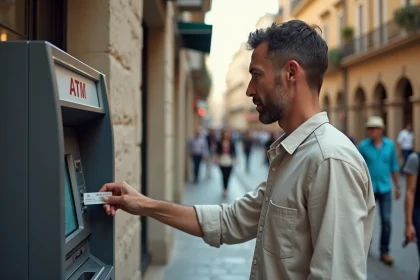 Homme insérant sa carte bancaire dans un distributeur automatique en Europe pour retirer des euros depuis des dirhams