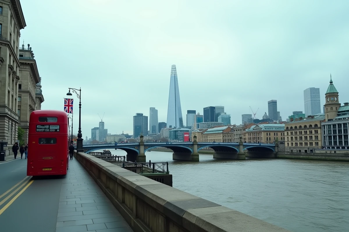 La City de Londres vue depuis la Tamise avec le Tower Bridge et les gratte-ciels modernes, représentant l'économie du Royaume-Uni
