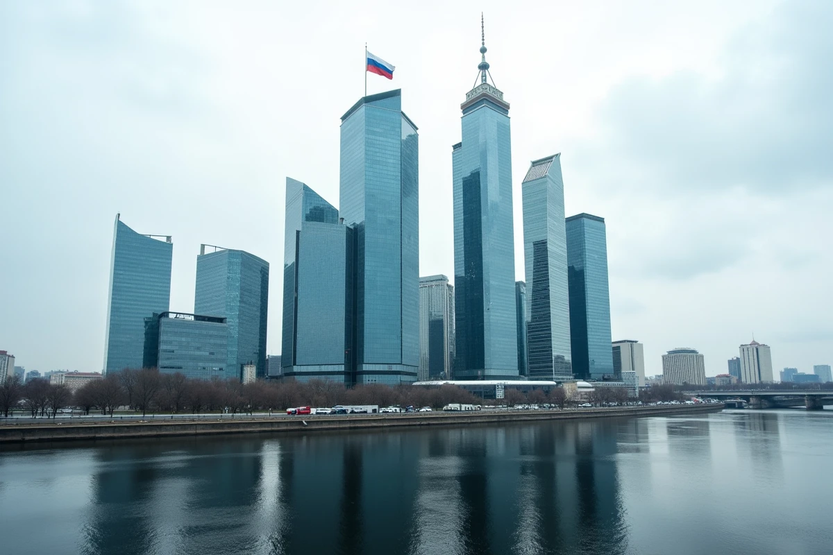 Le quartier d'affaires Moscow City avec ses tours modernes reflétées dans la Moskva et le drapeau russe, symbole de l'économie de la Russie