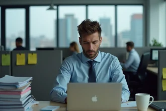 Salarié stressé au bureau face à son ordinateur portable entouré de dossiers et de notes adhesives