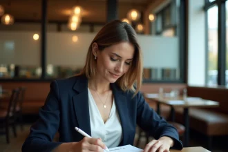 Salariée en restaurant vérifiant un reçu de repas pour sa déclaration fiscale de frais professionnels