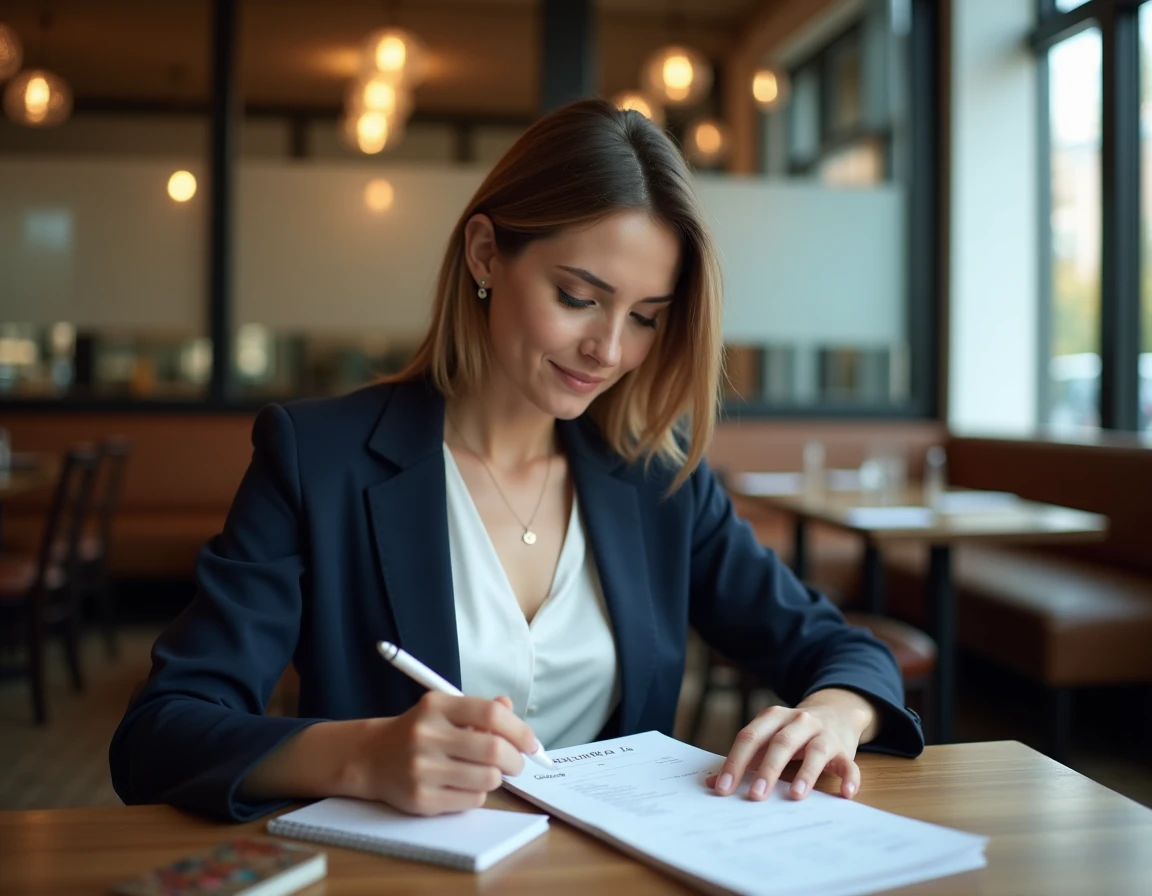 Salariée en restaurant vérifiant un reçu de repas pour sa déclaration fiscale de frais professionnels