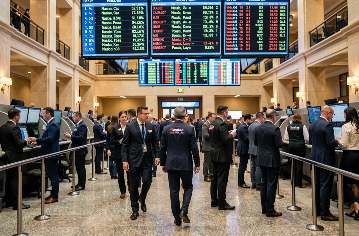 Salle des marchés animée avec des tableaux d'affichage du Nasdaq lors de l'ouverture de la session boursière de New York