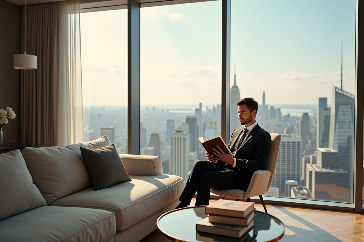 Salon moderne avec vue sur la ville et personne lisant un livre
