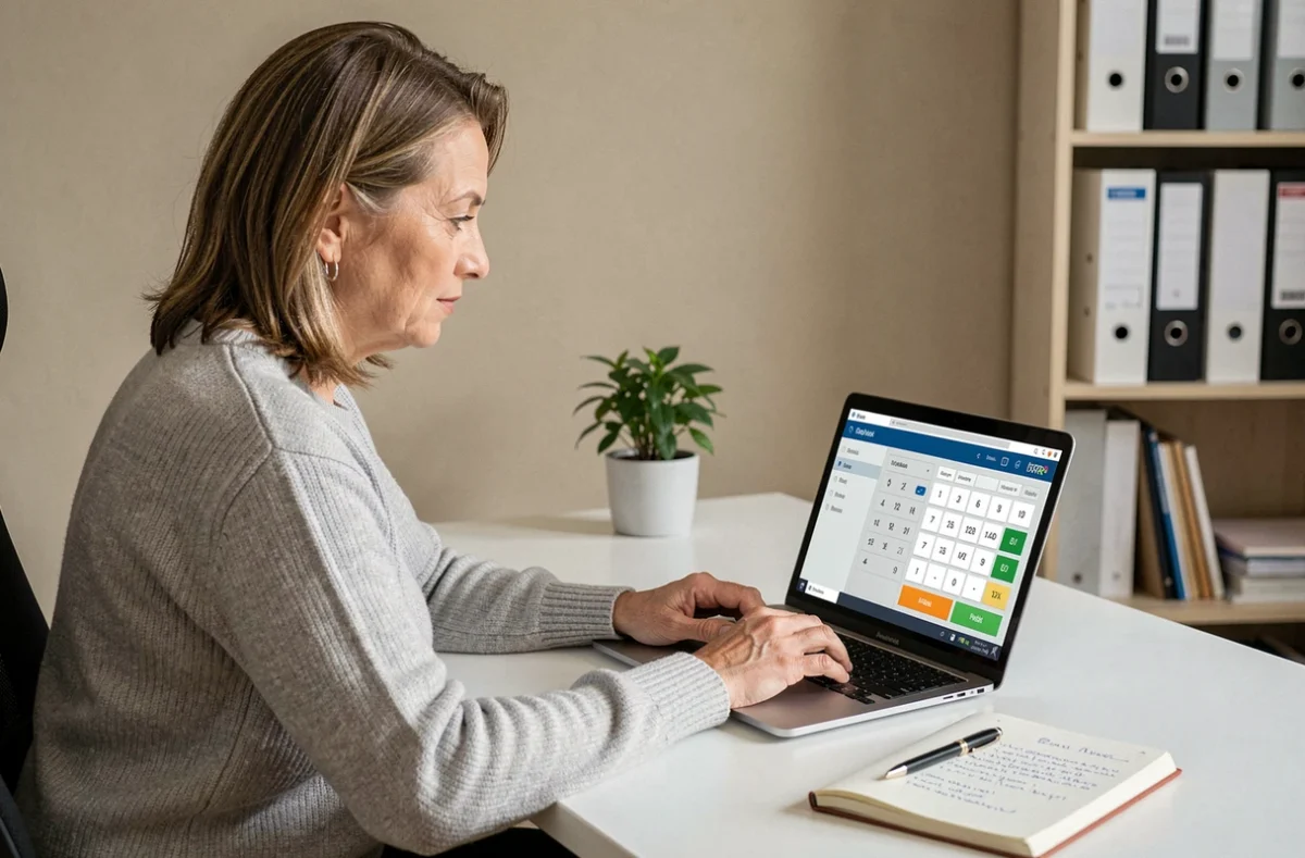 Femme consultant un simulateur d'impôt sur le revenu sur son ordinateur portable dans un bureau à domicile moderne