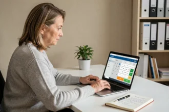 Femme consultant un simulateur d'impôt sur le revenu sur son ordinateur portable dans un bureau à domicile moderne