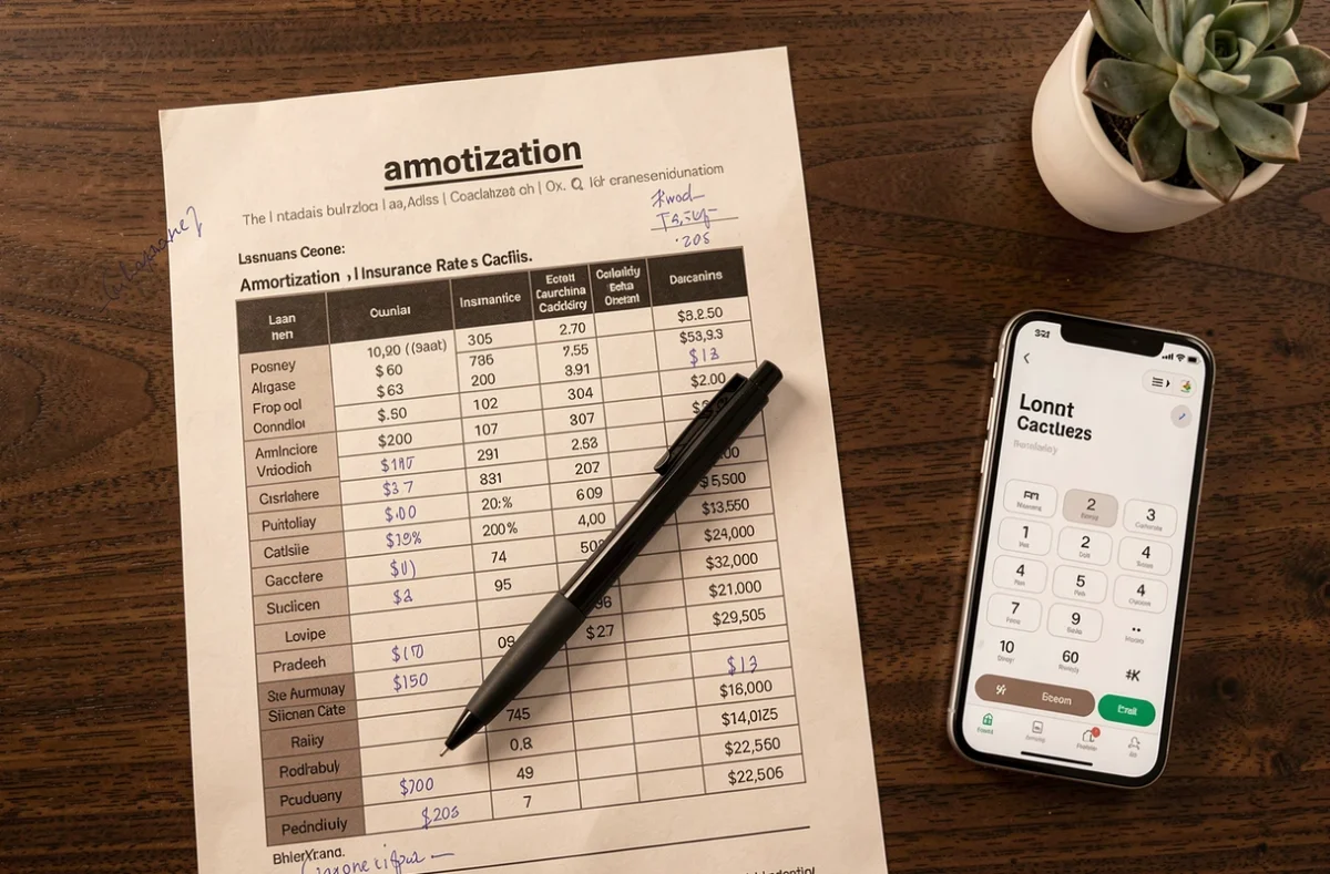 Vue aérienne d'un tableau de calcul du taux d'assurance emprunteur avec calculatrice et stylo