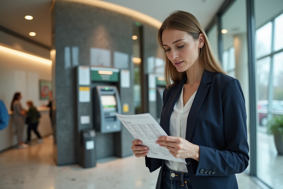 Femme consultant un taux de change dirhams euros dans une agence bancaire avant un retrait au distributeur