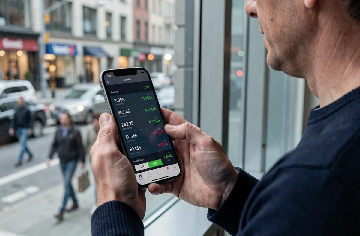 Homme consultant les taux de change euro dollar en temps réel sur son smartphone en ville