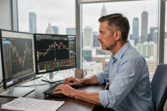Trader concentré devant plusieurs écrans affichant les cours du Nasdaq à l'heure d'ouverture de la bourse de New York
