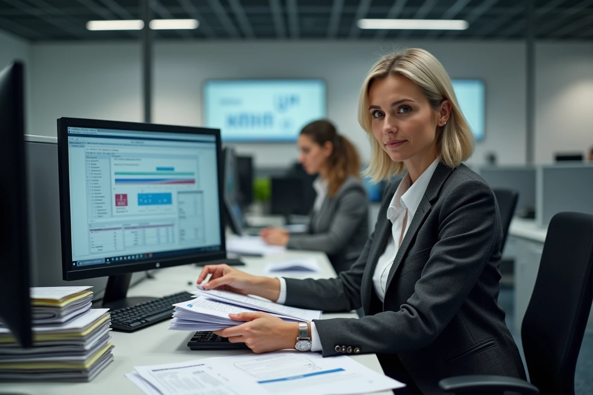Employée des impôts traitant des formulaires fiscaux 2041-DPTF-SD dans un bureau administratif
