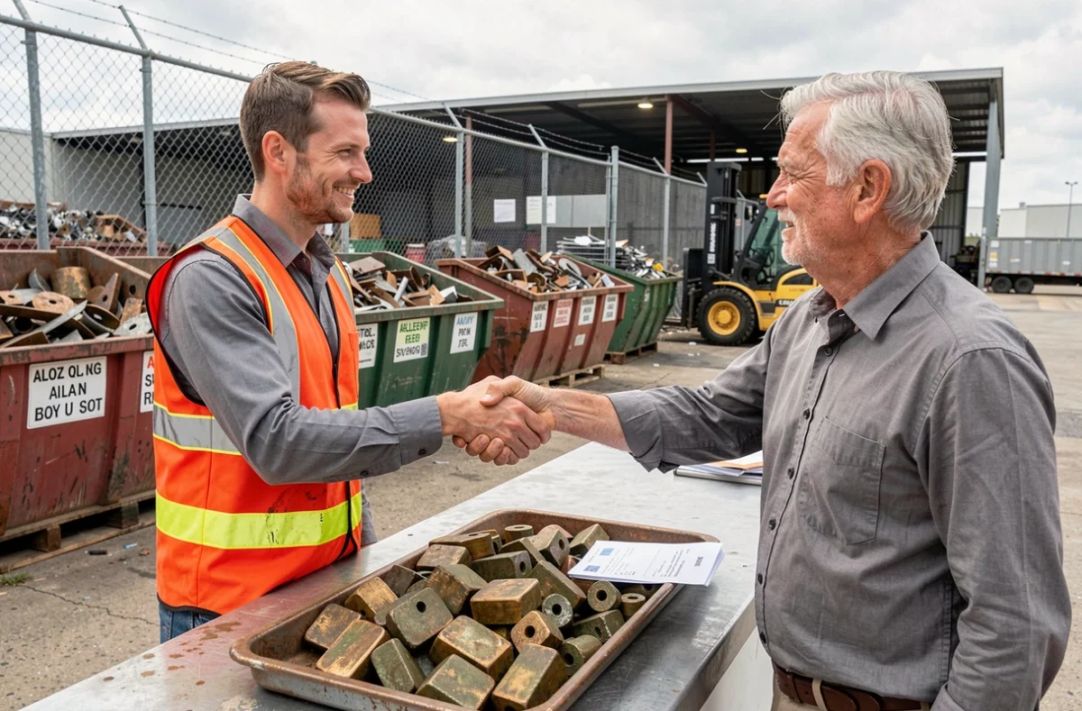 Deux hommes concluent une transaction pour la vente de bronze au kilo dans un dépôt de recyclage de métaux