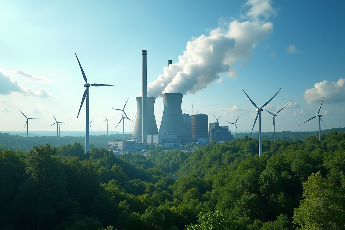 Usine avec cheminées et éoliennes en pleine nature