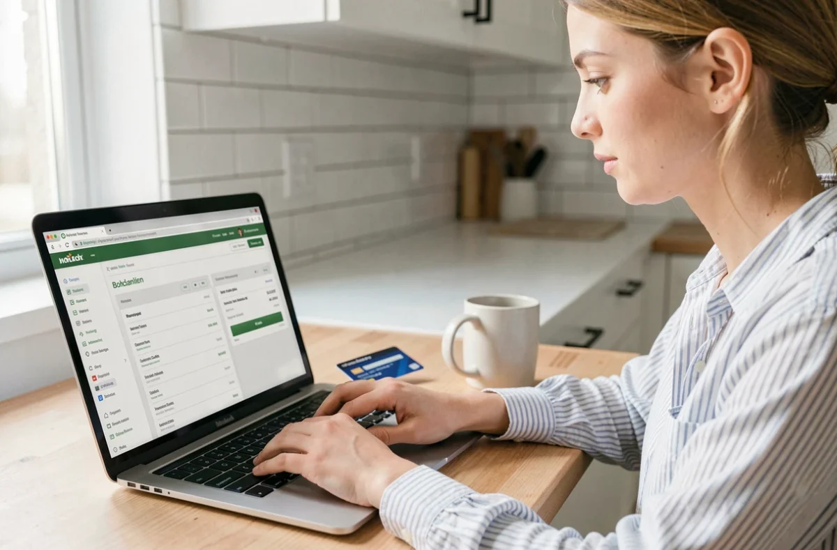 Jeune femme vérifiant en ligne son plafond de retrait Banque Postale sur un ordinateur portable avec sa carte bancaire