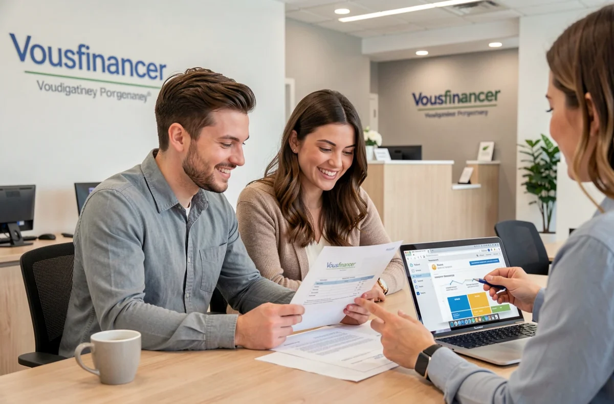 Un couple examine une proposition de prêt immobilier avec un conseiller Vousfinancer en agence
