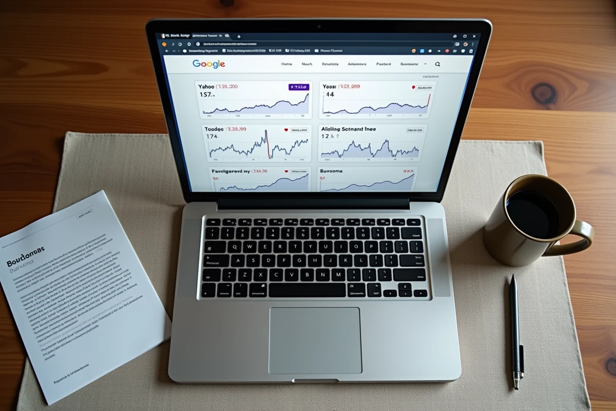Vue aérienne d'un bureau avec un ordinateur portable affichant une comparaison des plateformes Google Finance, Yahoo Finance et Boursorama pour l'EPA IA