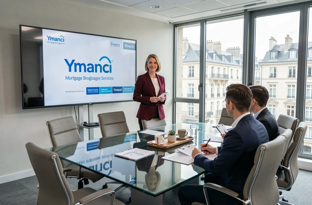 Une consultante Ymanci présente ses services de courtage en crédit immobilier à des clients en salle de réunion